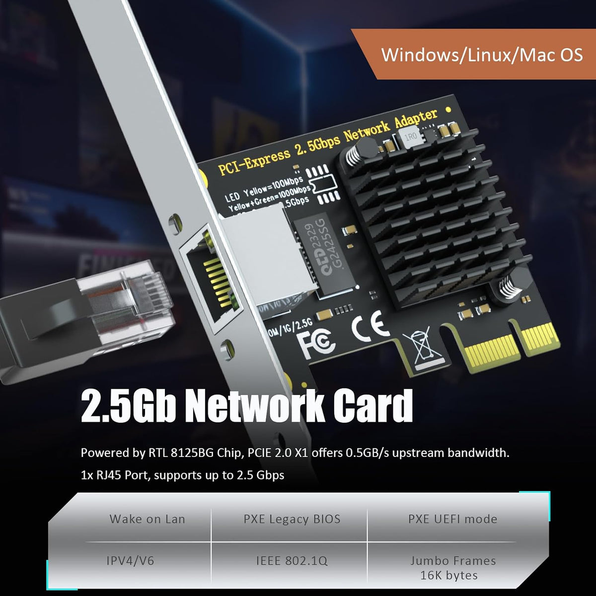 GLOTRENDS LE8105 2.5Gb PCIe Network Card, RJ45 Ethernet NIC, Low Profile