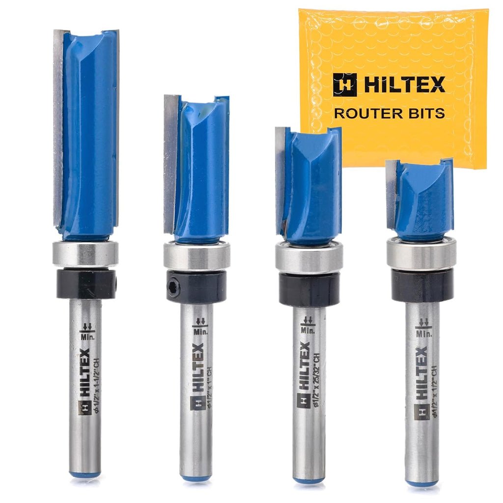 10103H Bottom Bearing Pattern Flush Trim Router Bit Set, 4 Pieces, 1/4 Inch Shank, CNC Woodworking Tool, 1/2" Cutting