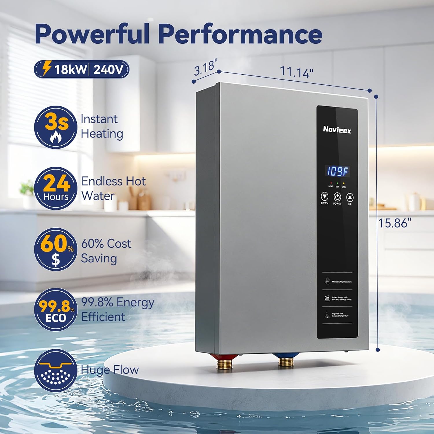 18kW Tankless Water Heater Electric, NOVIEEX 240V 3s Instant Hot Water Heater, Flow Rate Max 4.9 GPM, Supply for 2-3