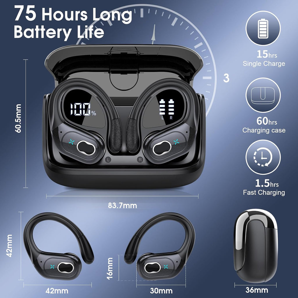 Wireless Earbuds 75hrs Bluetooth 5.4 Headphone Sport, 2026 Bluetooth Earbuds Stereo Deep Bass Over Ear Bud with