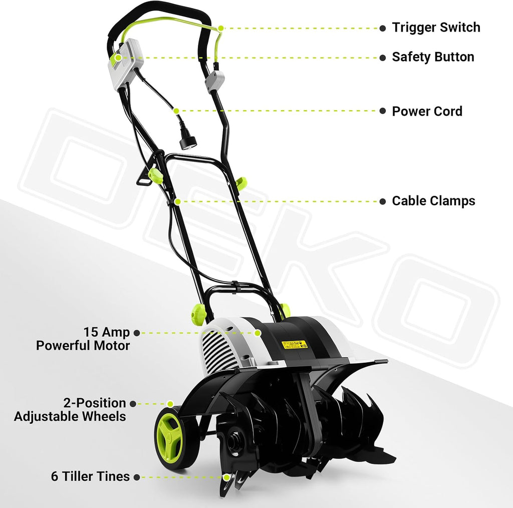 Cultivator Tiller for Gardening:18 Inch Electric Tiller with 6 Steel Tines, Corded 15 Amp Garden Rototiller for Soil