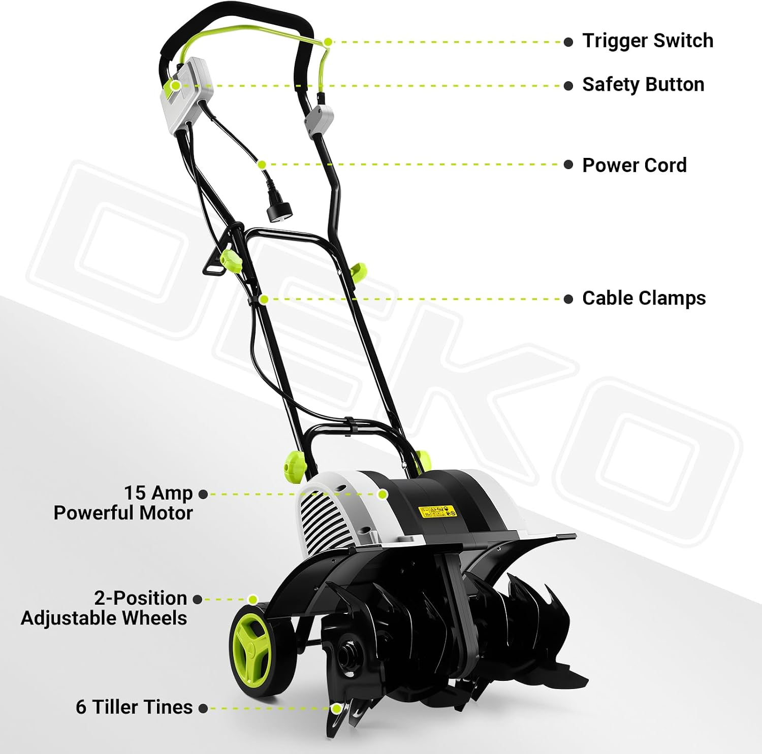 Cultivator Tiller for Gardening:18 Inch Electric Tiller with 6 Steel Tines, Corded 15 Amp Garden Rototiller for Soil