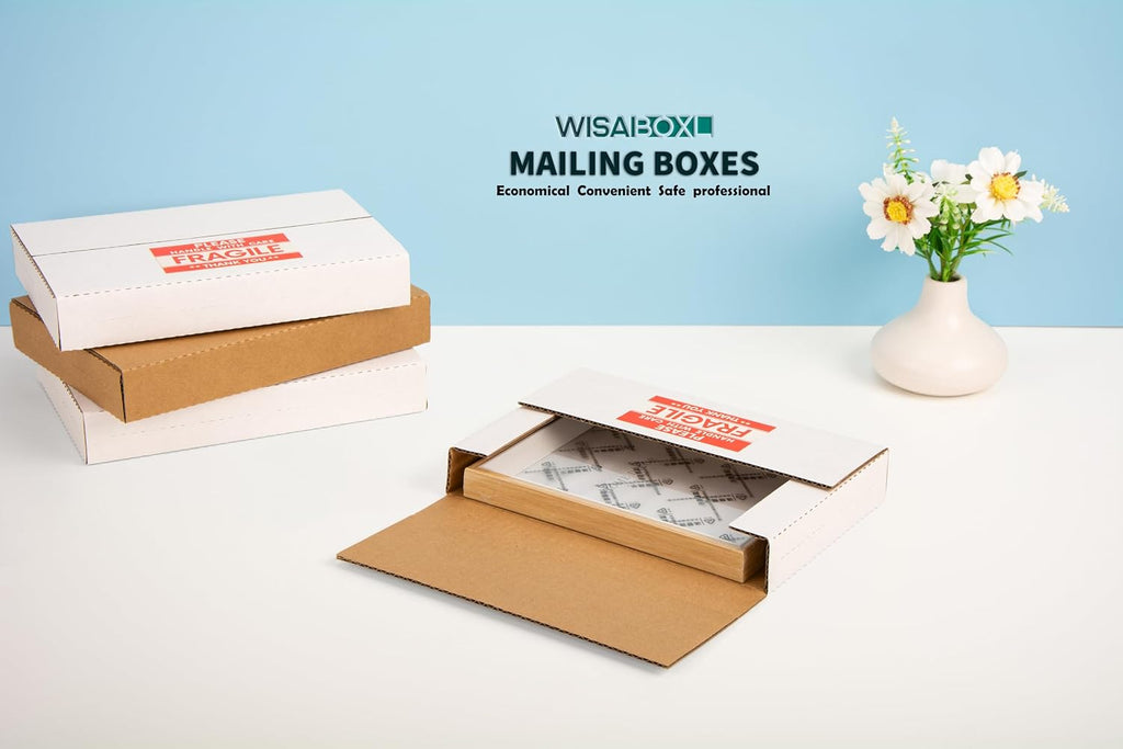 9x6x1.3 inch Shipping Boxes with Fragile Stickers, White, 25-Pack