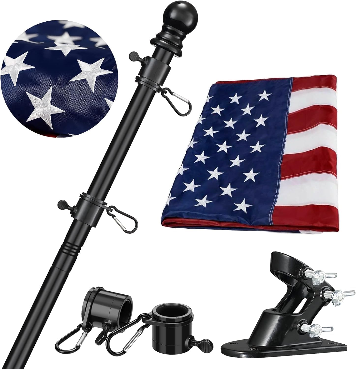 American Flag with Pole - Includes 5ft Heavy Duty Flag Pole Holder for Outside House,3x5 Embroidered US Flag and Wall