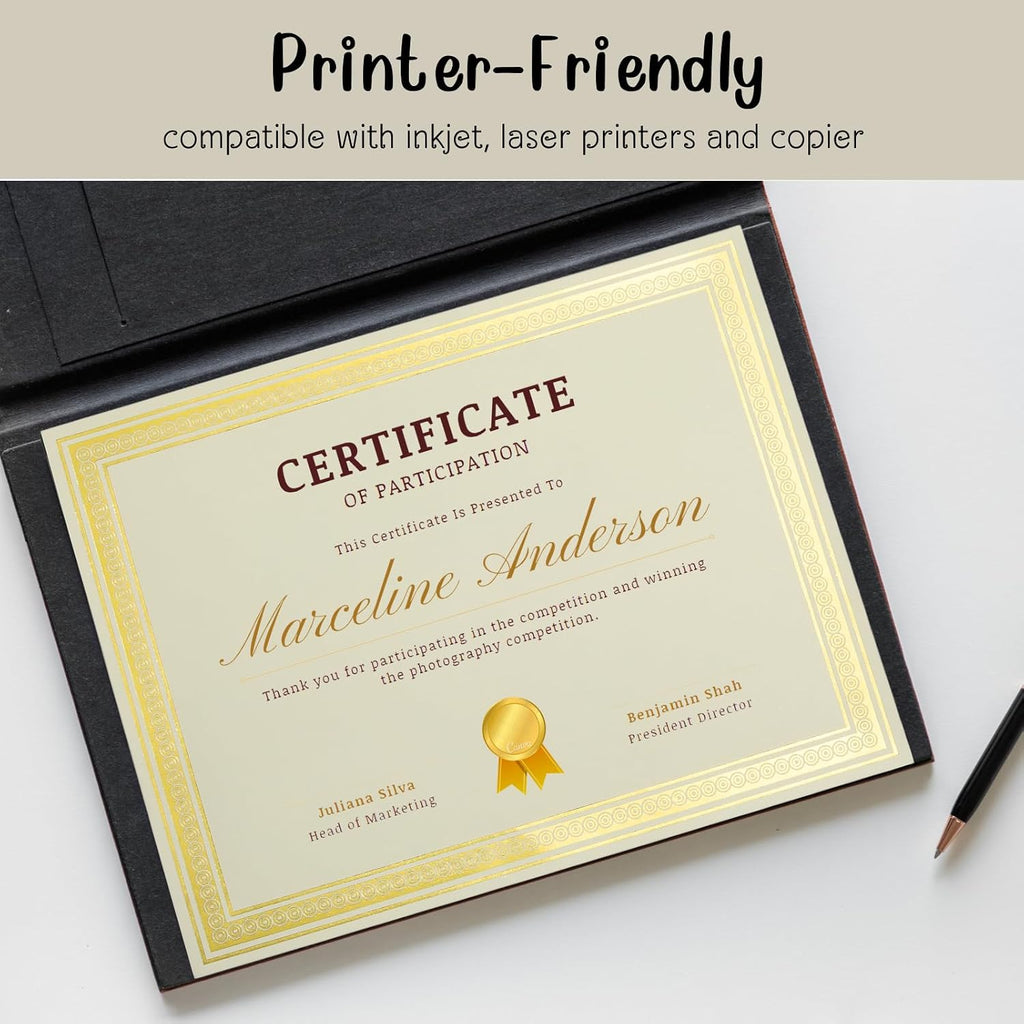 25 Count Certificate Paper 8.5 x 11 for Printing,Blank Gold Foil Border,Award Certificate Paper for