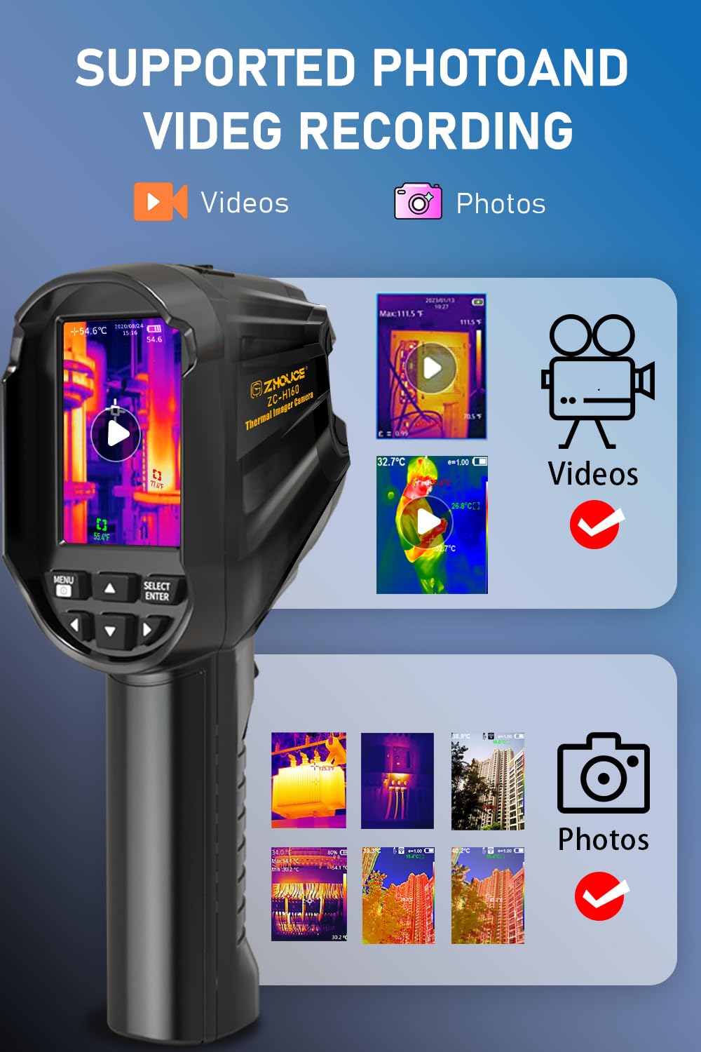 Handheld Thermal Imaging Camera, 160×120 Infrared Resolution, -4°F to 1022°F, 25Hz Infrared Camera, PC Analysis, 50°