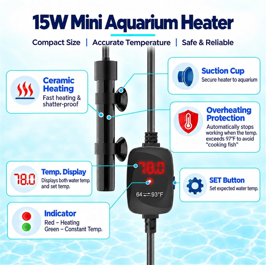 Thumb-Sized 15W Super Mini Aquarium Betta Heater with Digital Display Thermostat