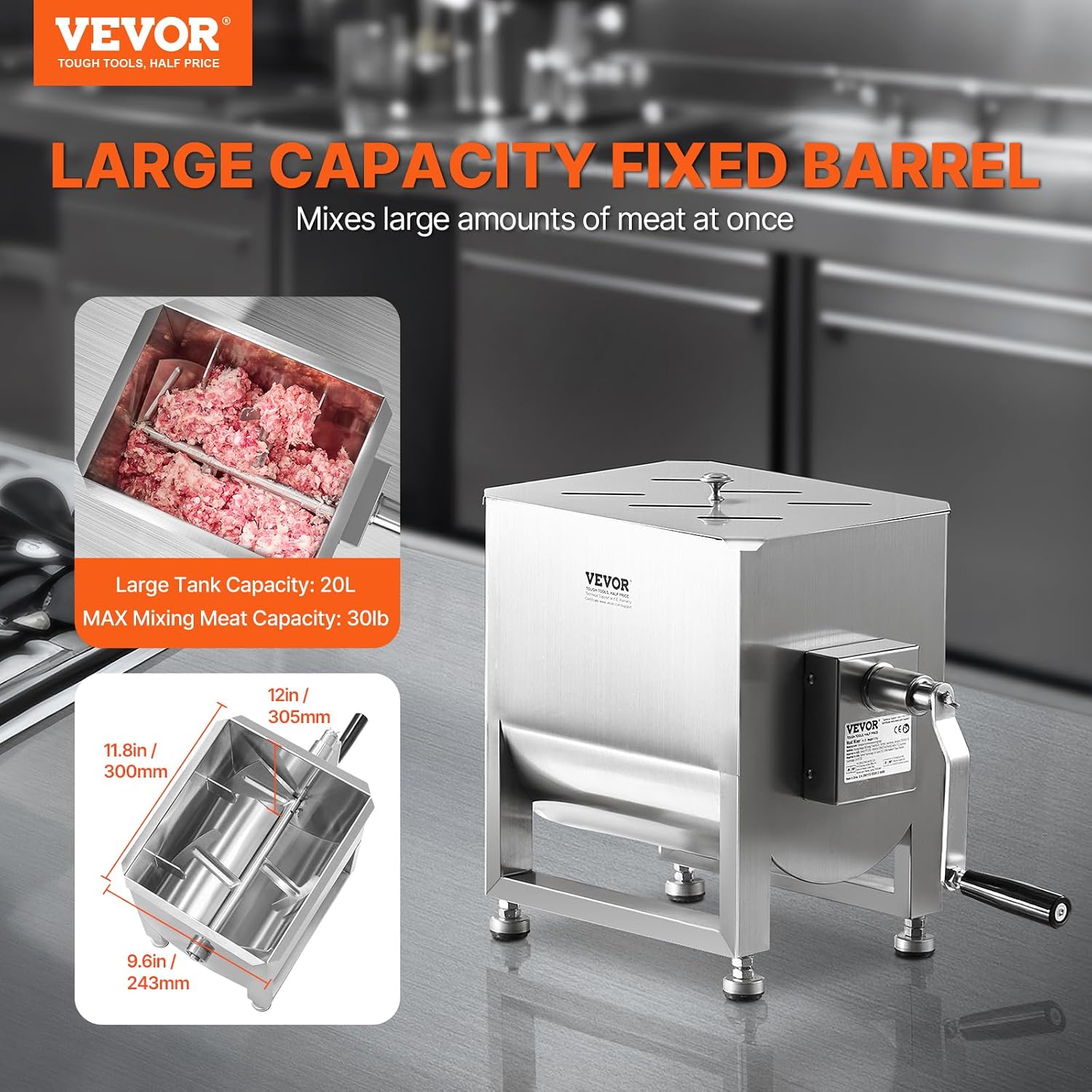 Manual Meat Mixer, 20L Fixed Tank – Heavy Duty Stainless Steel Hand Mixer for Ground Beef & Sausage, Max 30lb Mixing