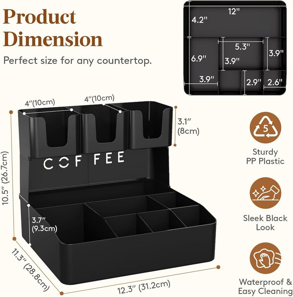 2-tier Coffee Station Organizer, 10 Compartments, Black, Plastic