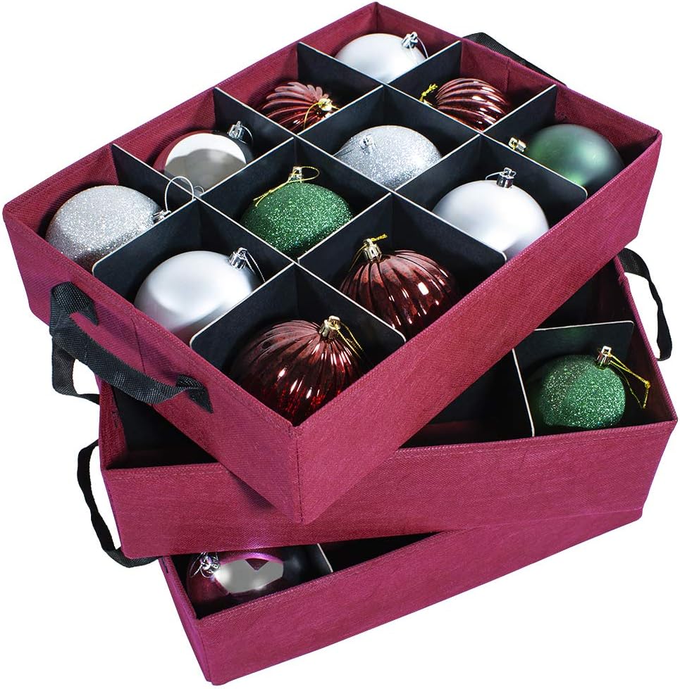 Christmas Ornament Storage Box, Holds 36-4 Inch Ornaments | Adjustable Acid-Free Dividers, 3 Removable Trays with