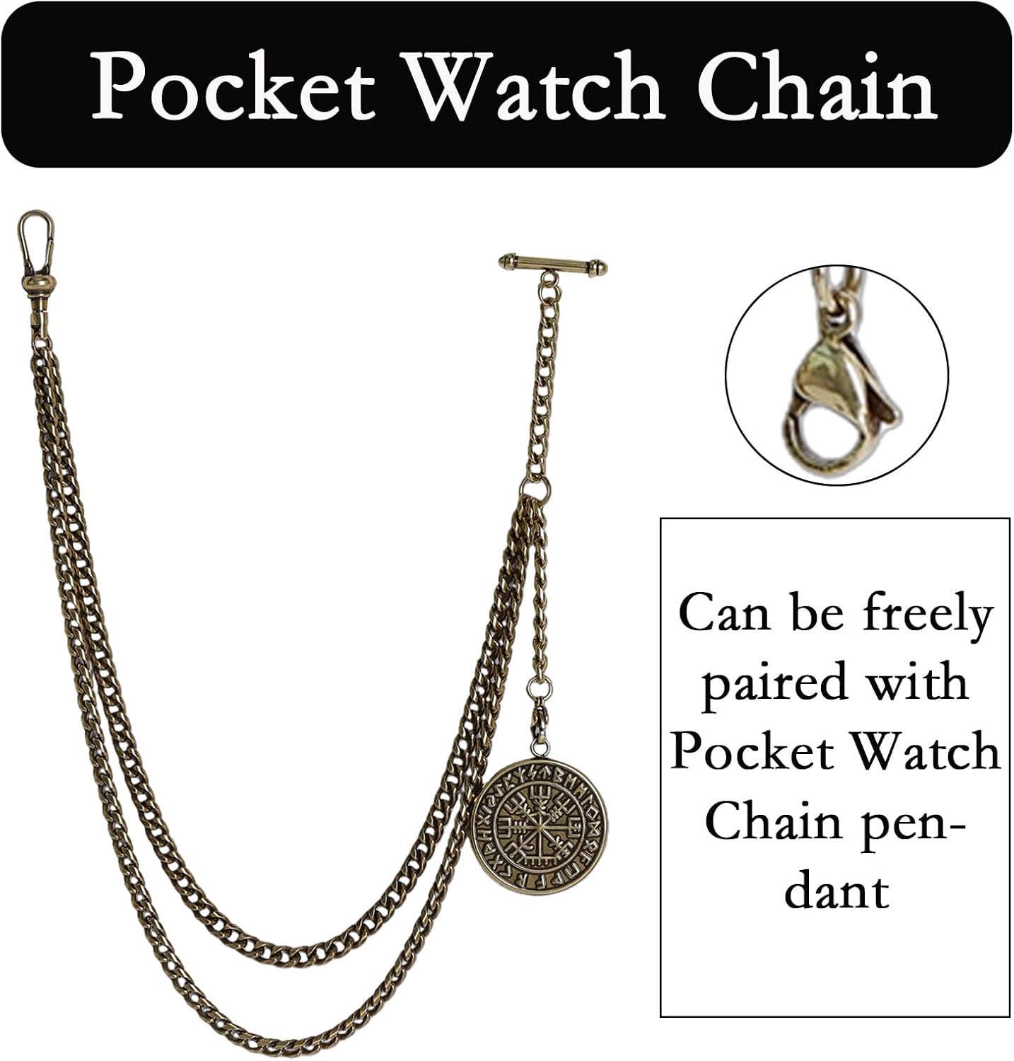 Pocket Watch Chain，Watch Chain Men, Double-Layer Design, with Two Hooks, Halloween, Thanksgiving and Christmas Vests