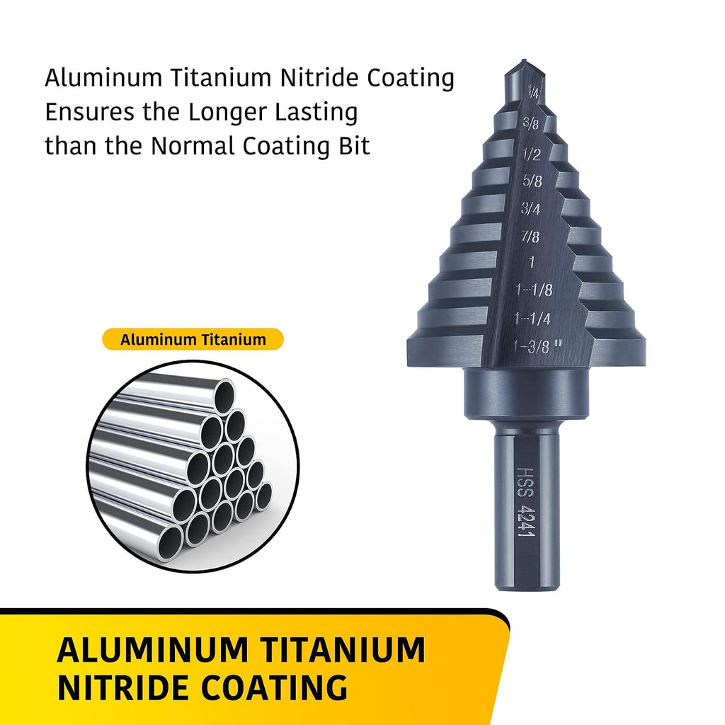 Anfrere 10 Sizes Step Drill Bit for Metal Sheet, 1/4 to 1-3/8 Inches