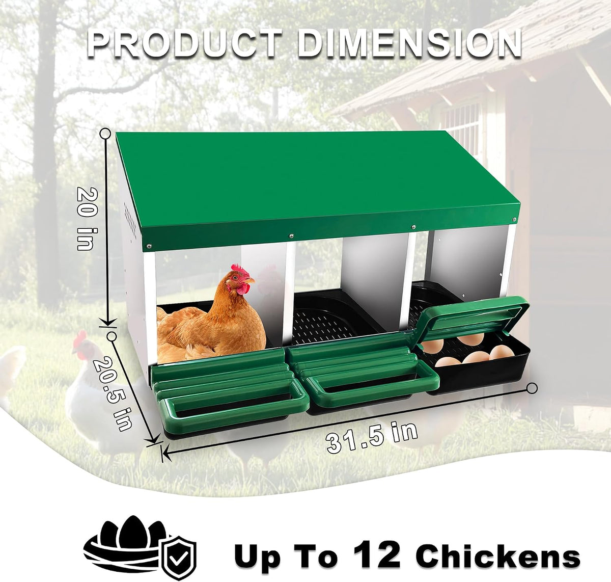 Chicken Nesting Box, 3 Compartments Chickens Egg Laying Nest Boxes for Hens Green