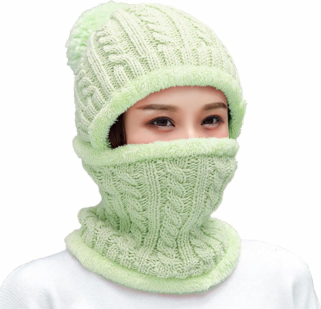 Women Winter Knit Beanie Hats One Piece Fleece Lined Balaclavas | Lady winter Earmuff Hooded Ski Snow Hat Pom Pom