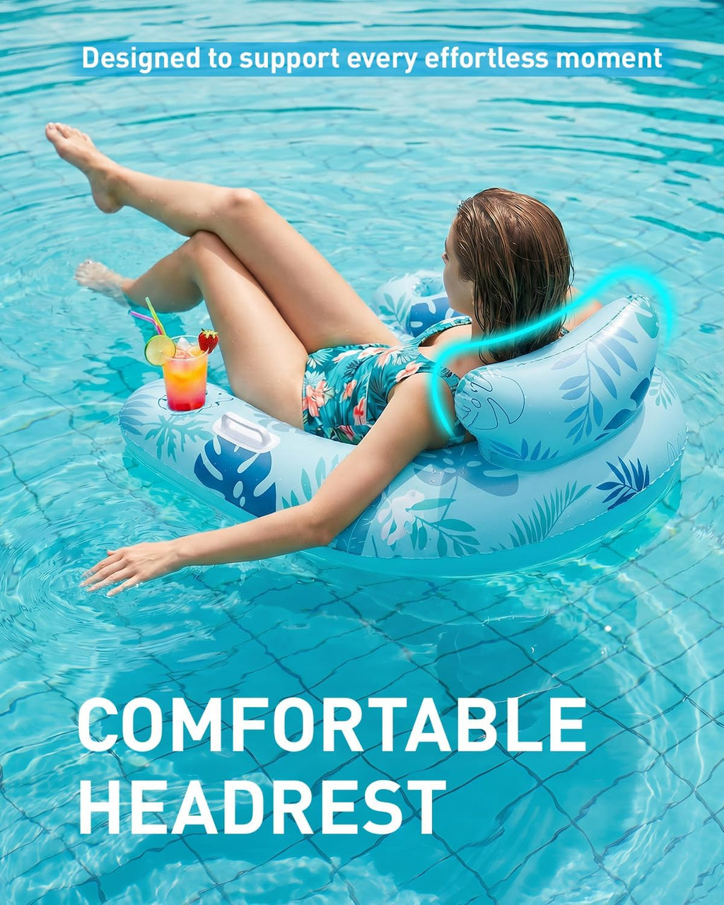Floating Pool Lounger with Cup Holders & Ergonomic Headrest | Inflatable Water Chair for Pool Parties, Lake, Ocean