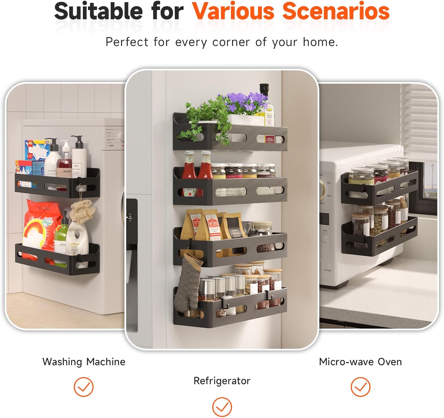 4 Pack Strong Magnetic Spice Rack for Refrigerator, Multipurpose Magnetic Shelf for Fridge with 4 Hooks for Kitchen