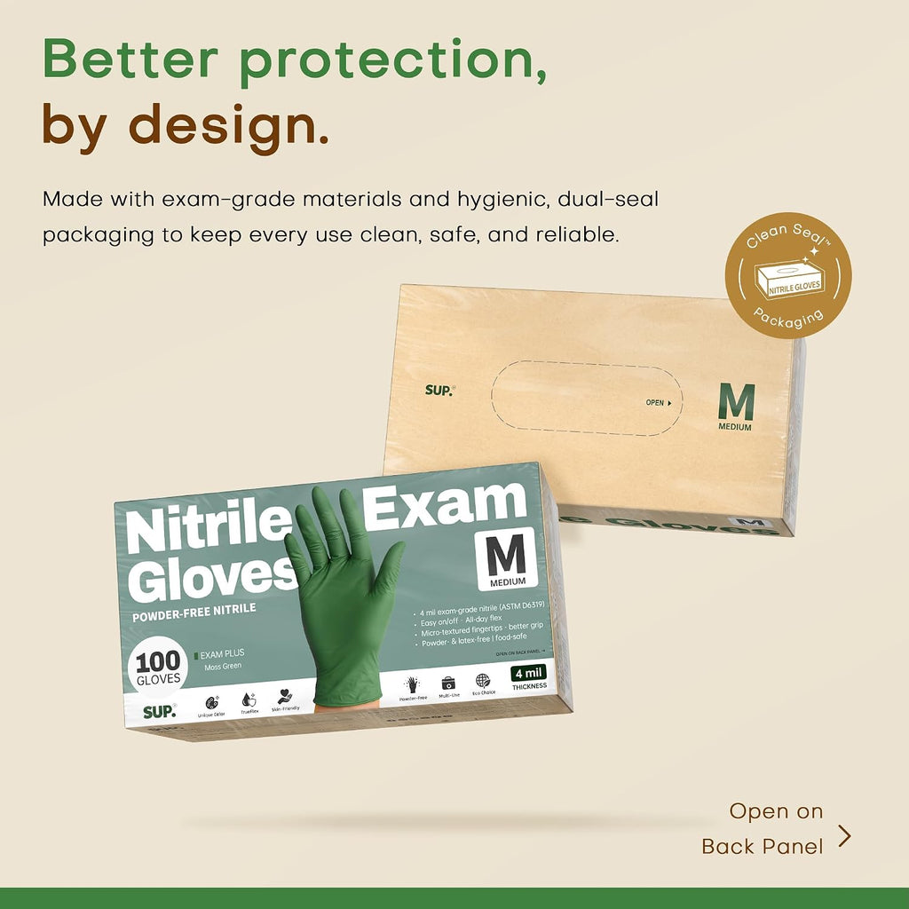 Nitrile+ SUP Exam Plus Gloves, Powder-Free Disposable Moss Green, 100 Count