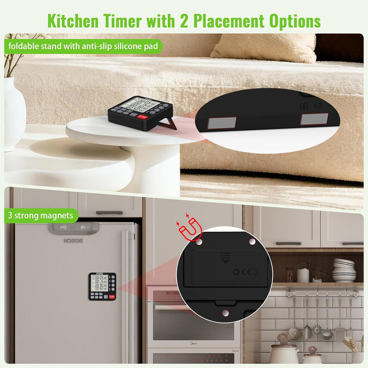 Digital Dual Kitchen Timer, 4-Channel Magnetic Countdown Timer for Cooking