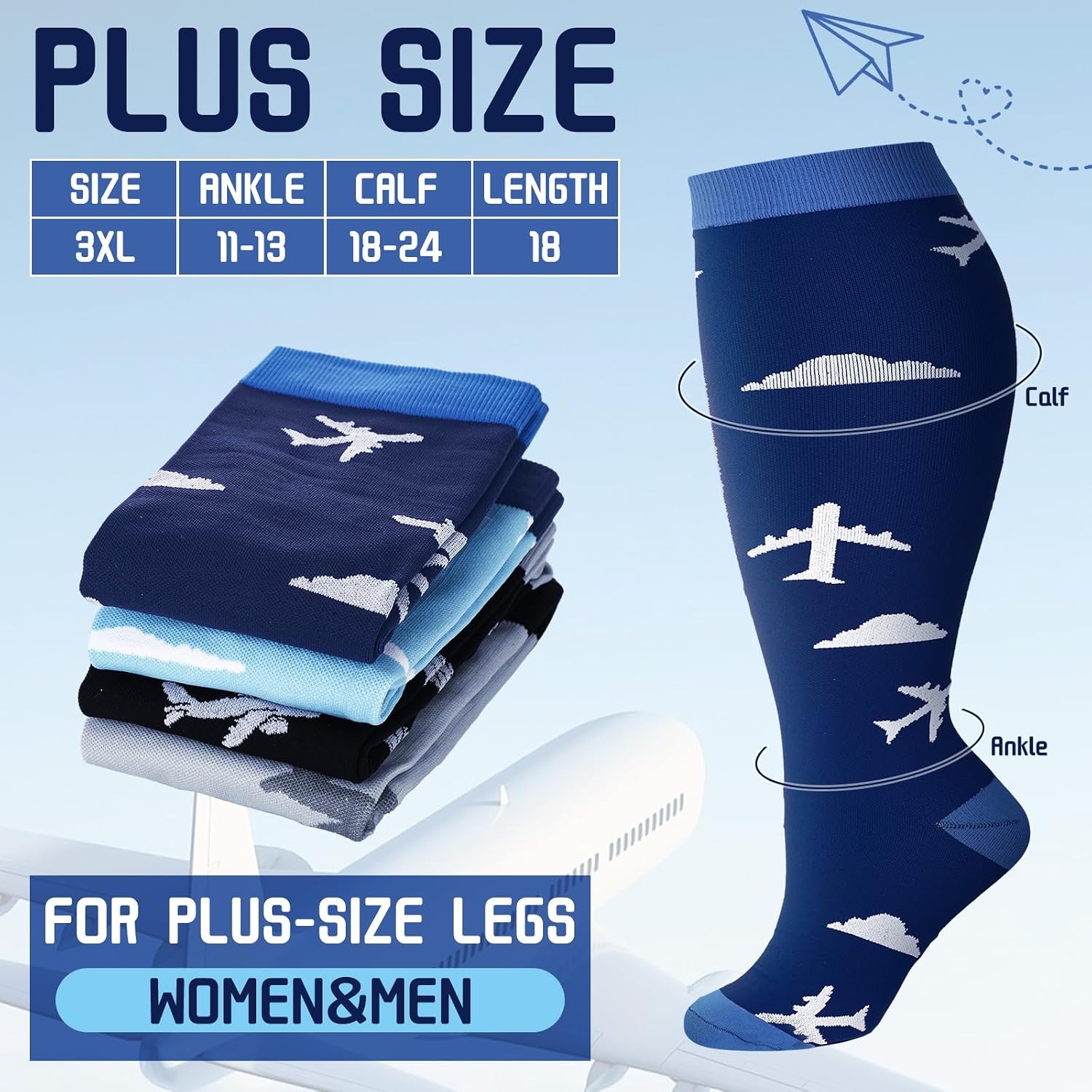 4 Pairs Plus Size Travel Compression Socks for Women Men 3xl Wide Calf Airplane Theme Knee High Compression Socks