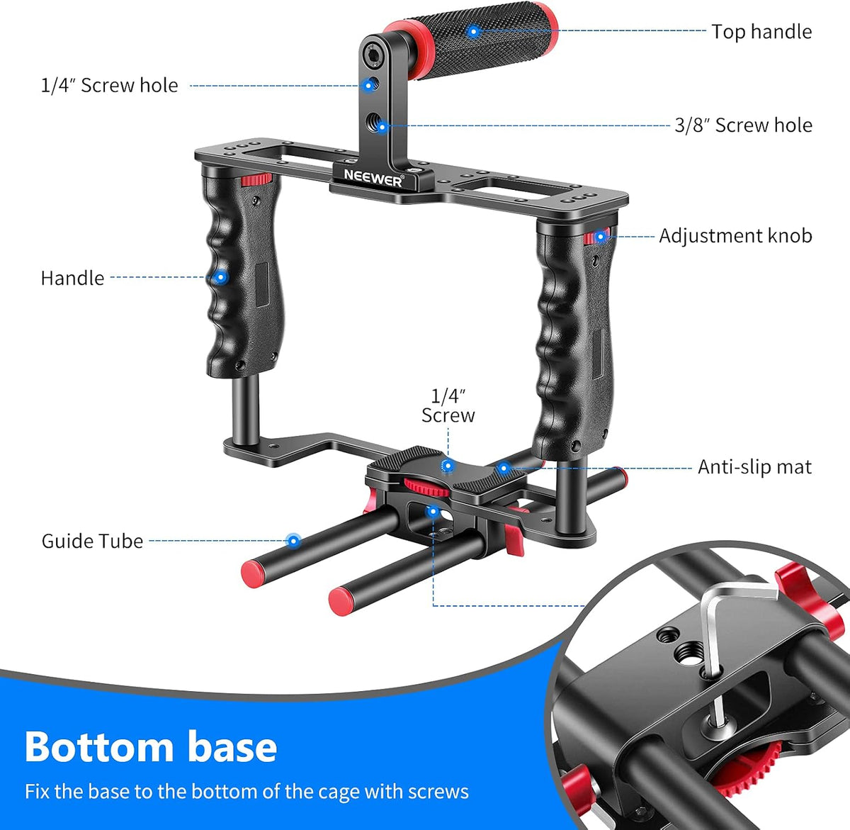 Camera Video Cage Film Movie Making Kit, Aluminum Alloy with Top Handle, Dual Hand Grip, Two 15mm Rods, Compatible