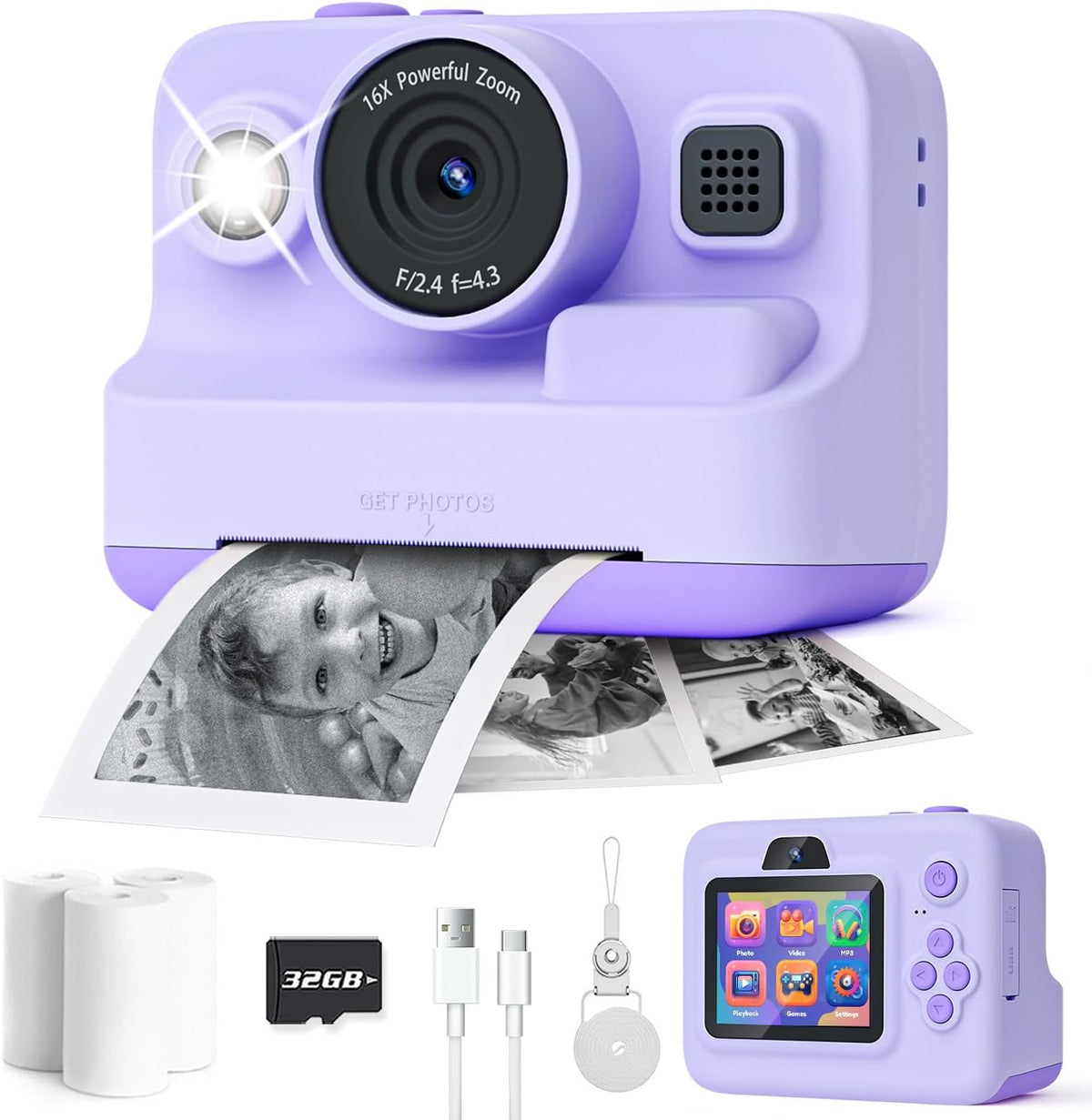 Instant Print Camera for Kids,2.4 Inch Screen Kids Instant Cameras, Christmas Birthday Gifts for Girls Age 3-12