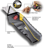 Utility Knife Box Cutter Self-Retracting, Squeeze to Extend, Release to Retract, Lock Open w/Switch, Ergo Handle w/ 3