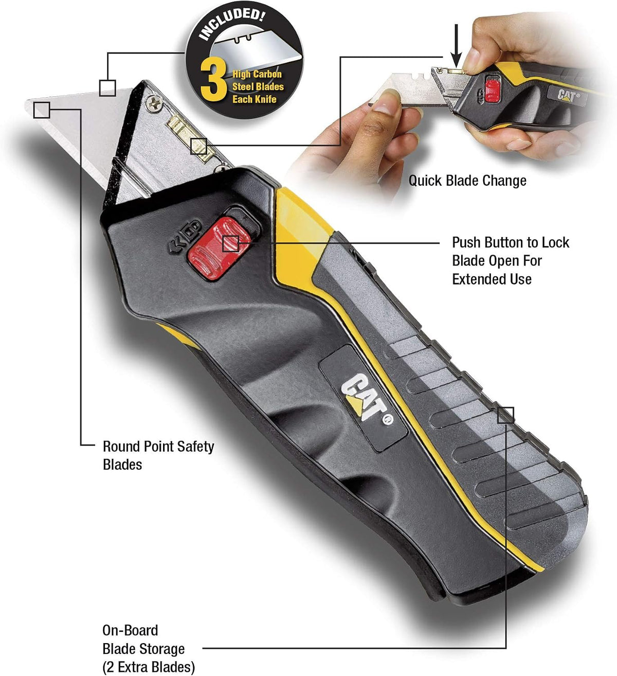 Utility Knife Box Cutter Self-Retracting, Squeeze to Extend, Release to Retract, Lock Open w/Switch, Ergo Handle w/ 3