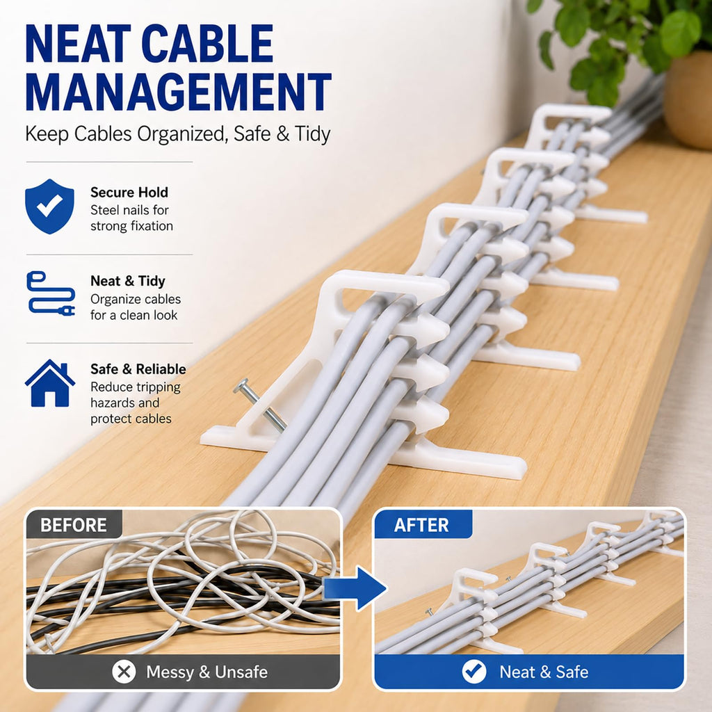 Multi-Cable Staples 200 Pack, White Electrical Wire Stackers, Steel Nails