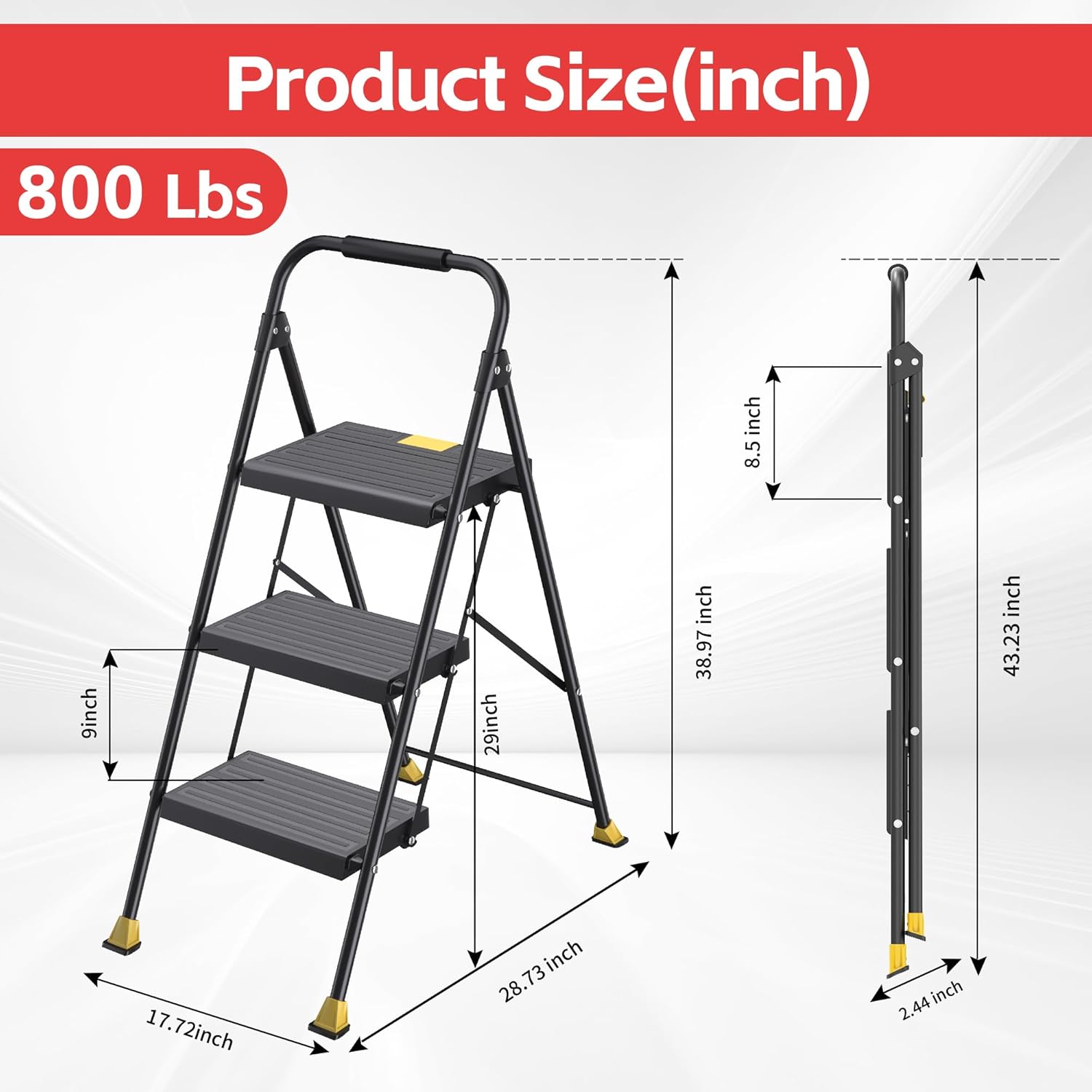 3 Step Ladder Foldable Folding Stool - for Home Adults Kitchen, Iron, Black, Extension Tall Heavy Duty with Handrails