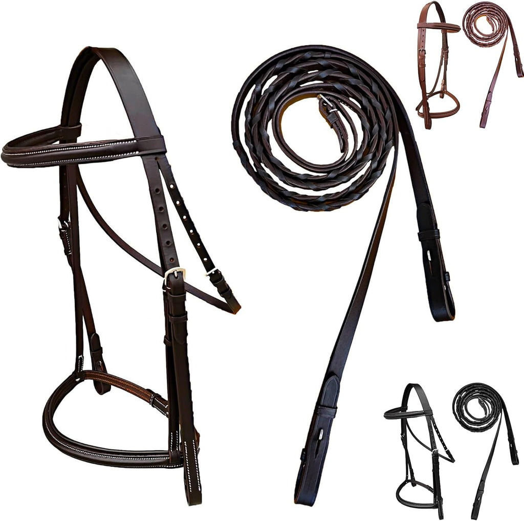 Padded Raised English Bridle, Premium Leather, Matching Laced Reins