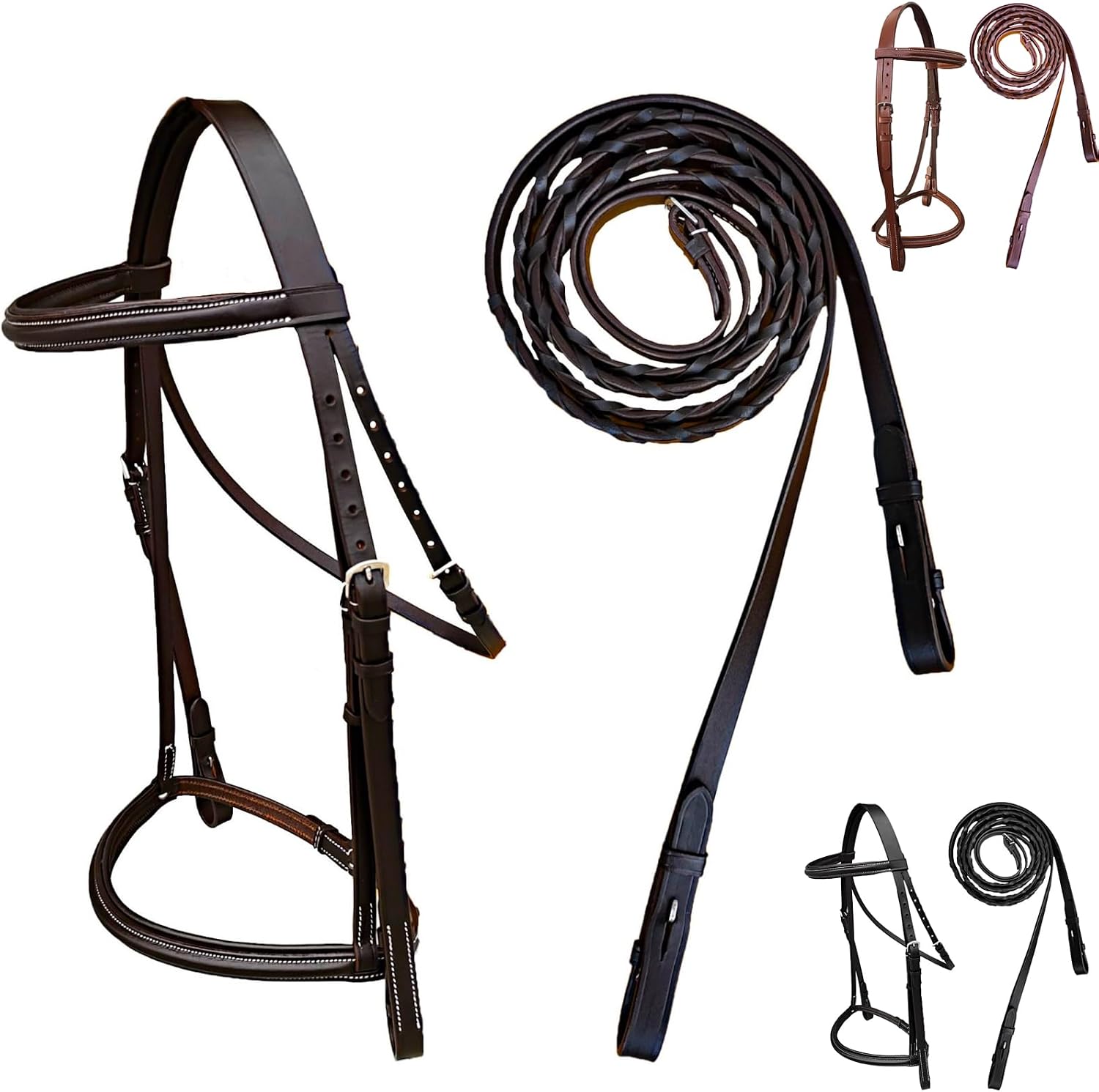 Padded Raised English Bridle, Premium Leather, Matching Laced Reins