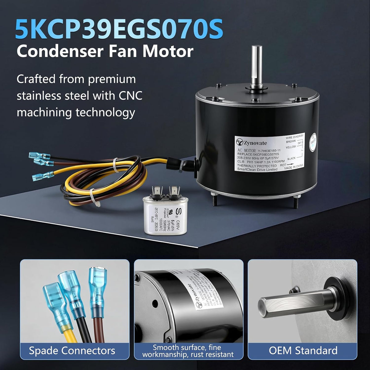 5KCP39EGS070S Condenser Fan Motor 1/4 HP, 1100 RPM, 208-230V,AC Fan Motor