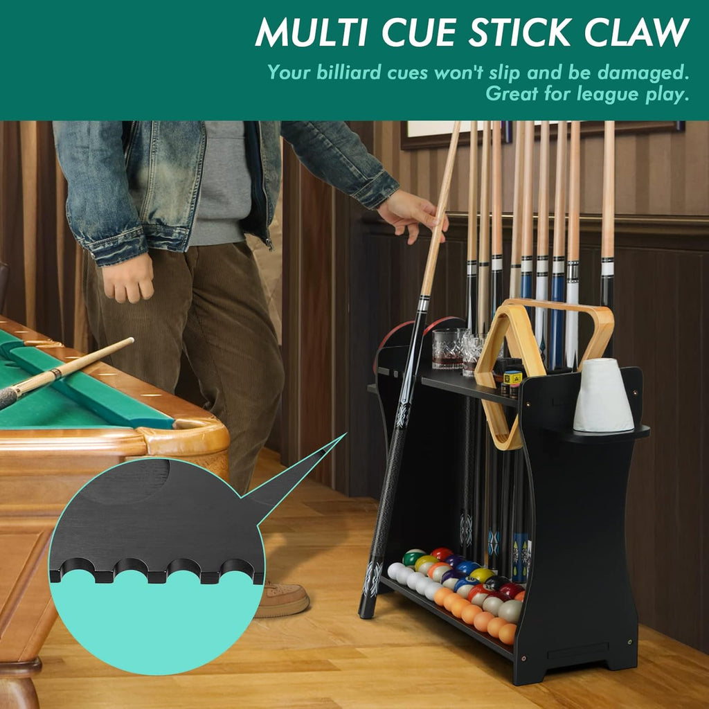 Pool Cue Rack Holder, 10 Cue Stick Stand with Billiard Accessories Storage | Multi-Functional Pool Stick & Billiard