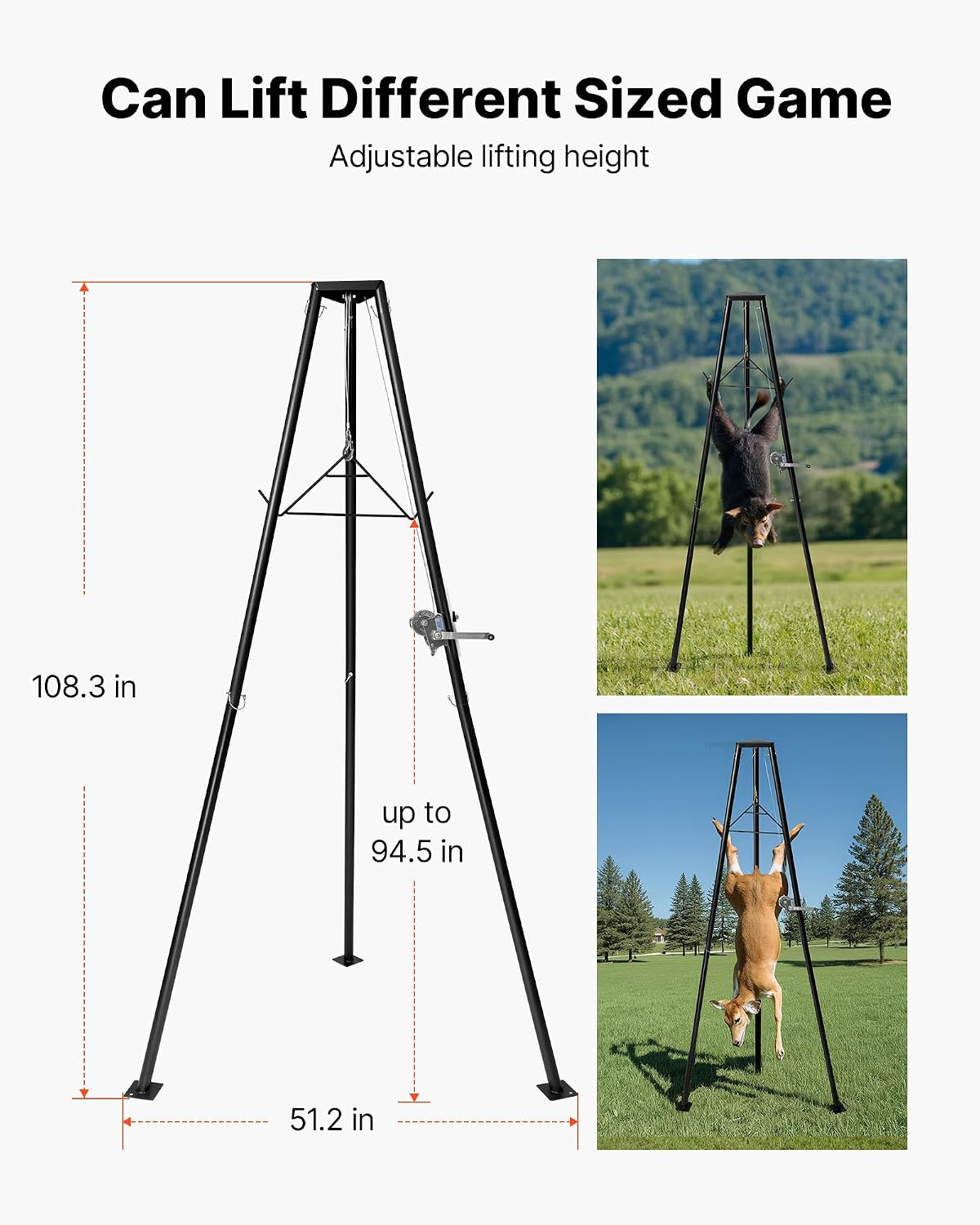 Tripod Deer Hoist, 500 lbs Load Capacity, Hunting Game Hoist Winch Lift with Gambrel & Manual Winch, Hunting Game