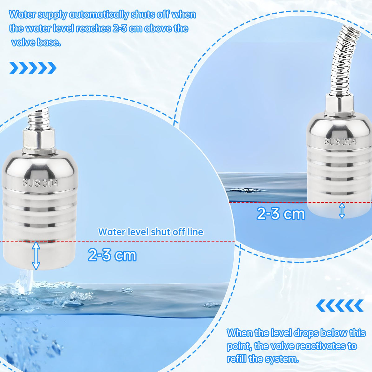 Float Valve Automatic Level Control Water Valve with 1/2" 3/4" 1" Adapters
