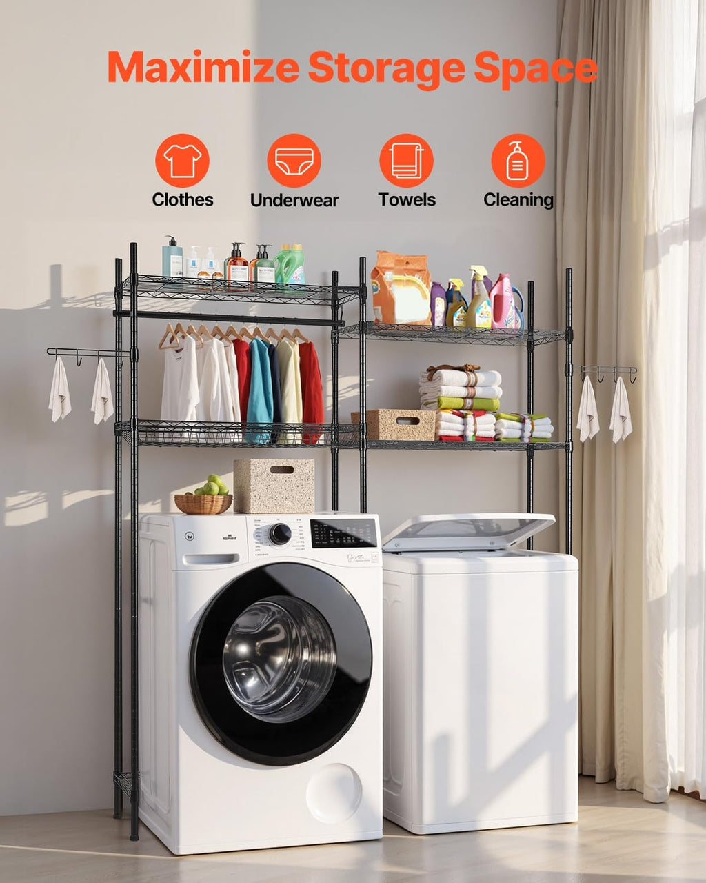 Over the Washer and Dryer Storage Shelf, 4 Tier Laundry Room Drying Rack with Hanger Rod and Hooks, Adjustable Over