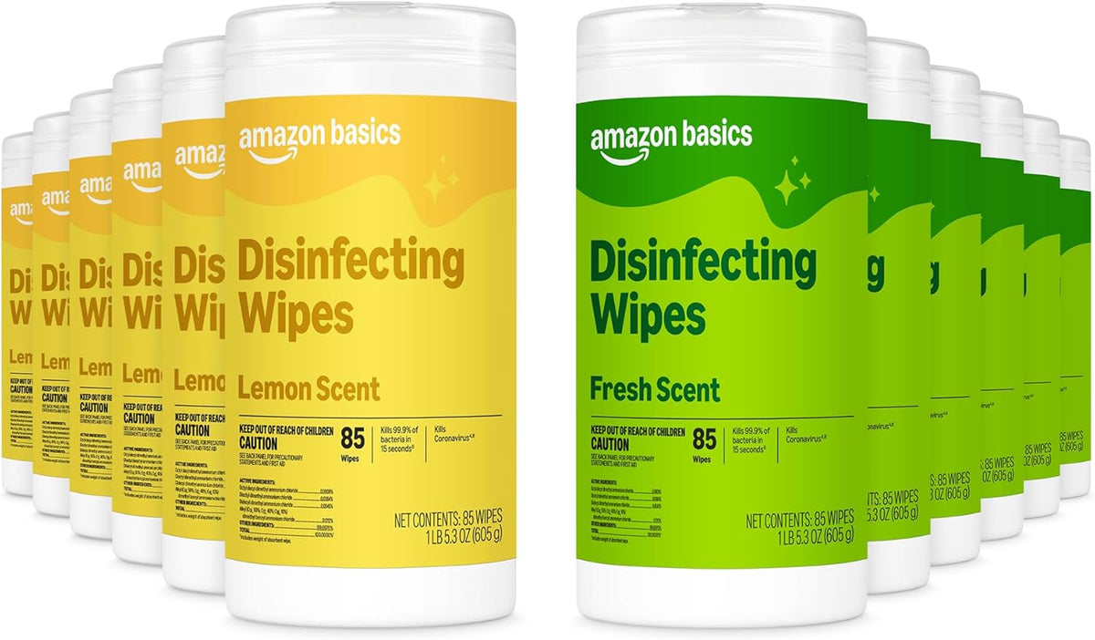 Amazon Basics Disinfecting Wipes, Lemon & Fresh Scent, Sanitizes, Cleans, Disinfects, Deodorizes, 340 Count (12 Packs