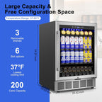 24" 200-Can Beverage Fridge, Under Counter/Freestanding with Glass Door