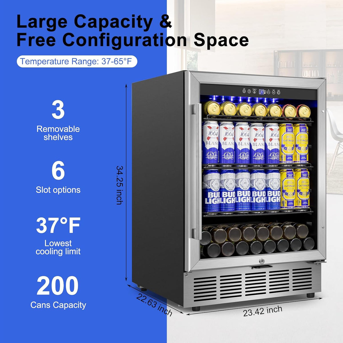 24" 200-Can Beverage Fridge, Under Counter/Freestanding with Glass Door