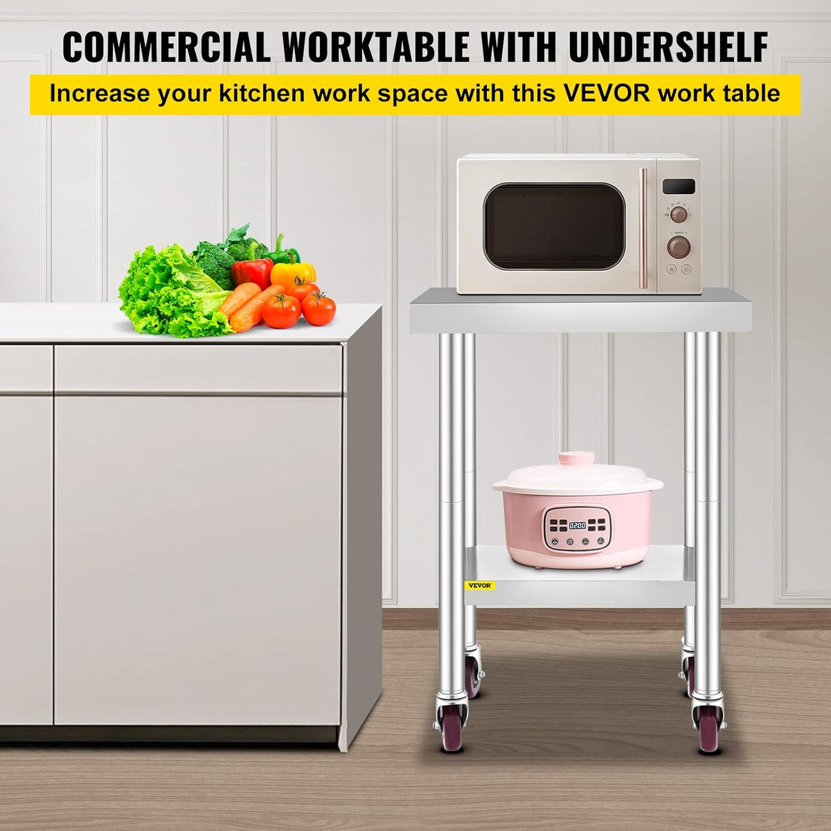 Mophorn 24x18x34 Inch Stainless Steel Work Table 3-Stage Adjustable Shelf with 4 Wheels Heavy Duty Commercial Food