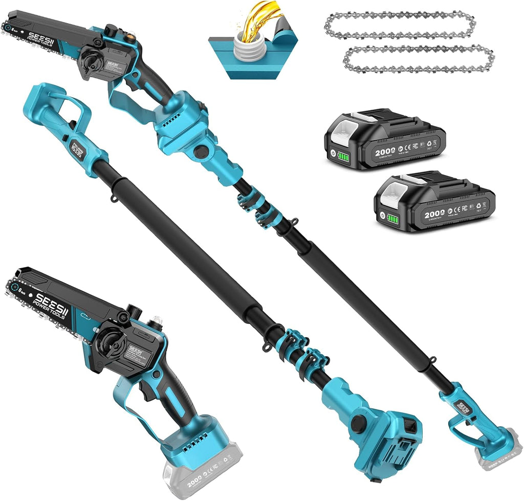 2-in-1 Electric Pole Saws for Tree Trimming | Cordless Mini Chain Saw 6-Inch with Extension Pole for Pruning, Wood