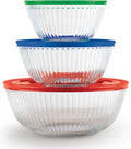 Sculpted (3-Pack) Glass Mixing Bowls Set With Plastic Lids For Prepping, Baking and Cooking, Preheated Oven