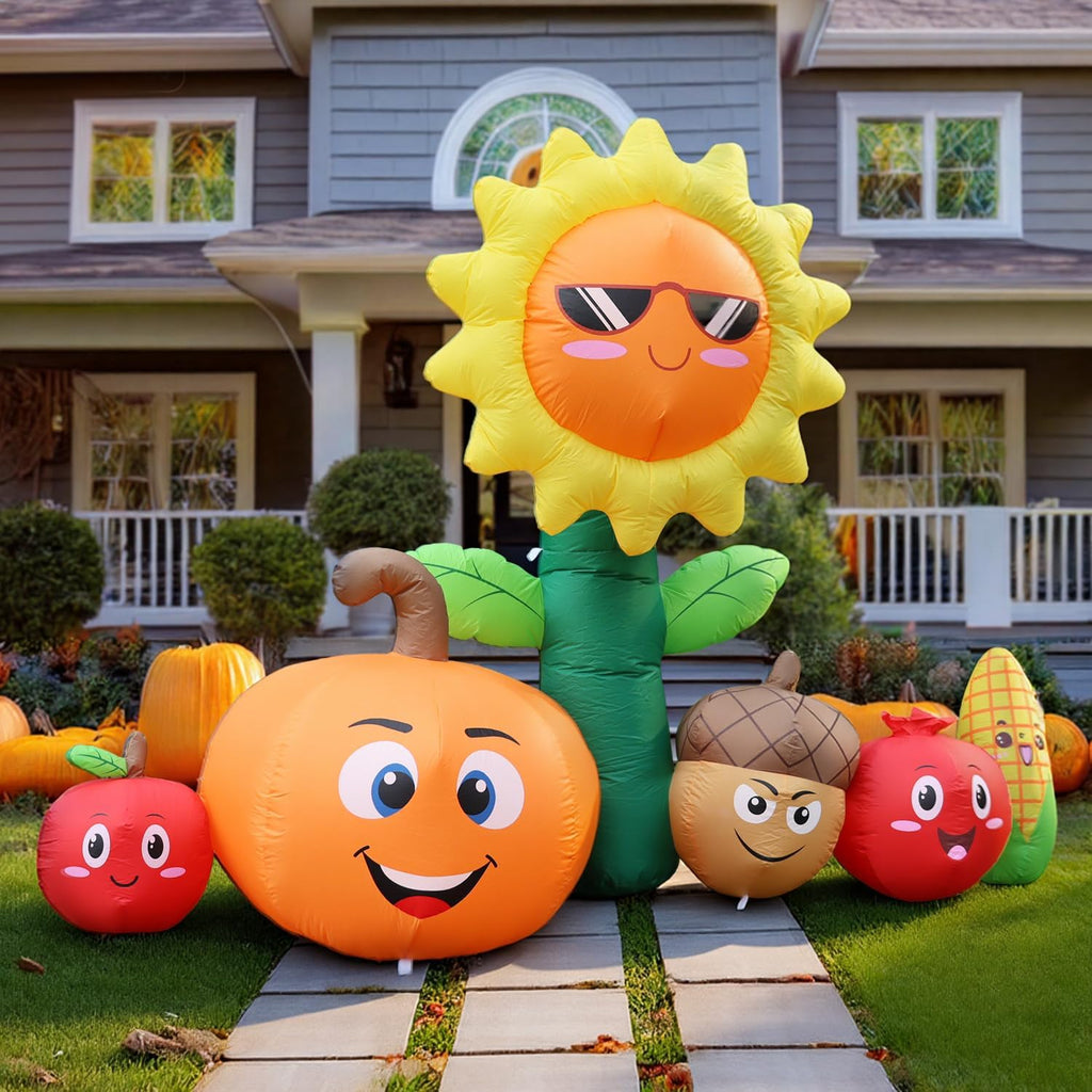 8FT Long Thanksgiving Inflatables Outdoor Decorations, Fall Blow ups Decorations Sunflower and Vegetables, Build in