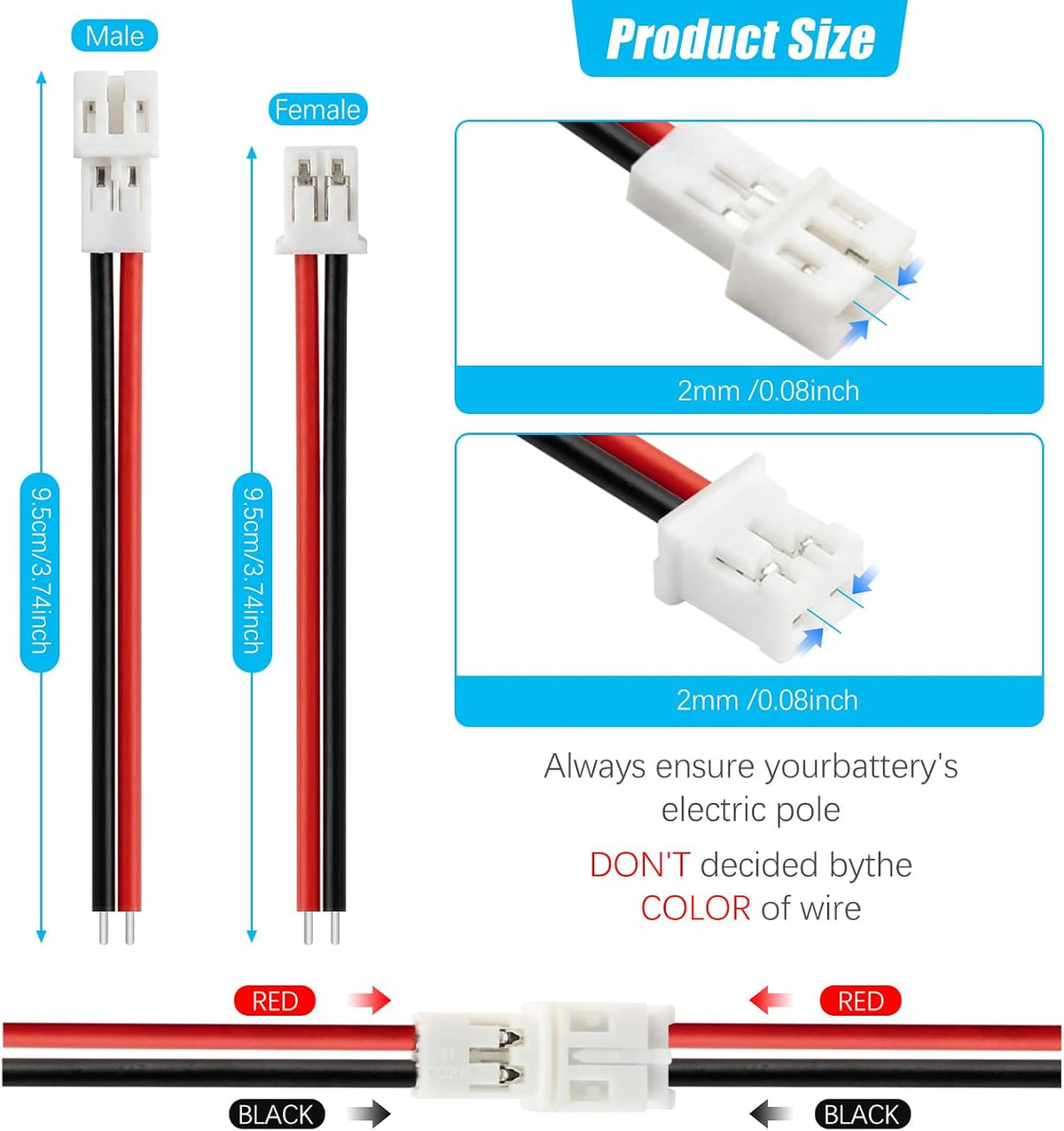 20-Pack Tiny Whoop JST-PH 2.0 Male Female Connector Cable
