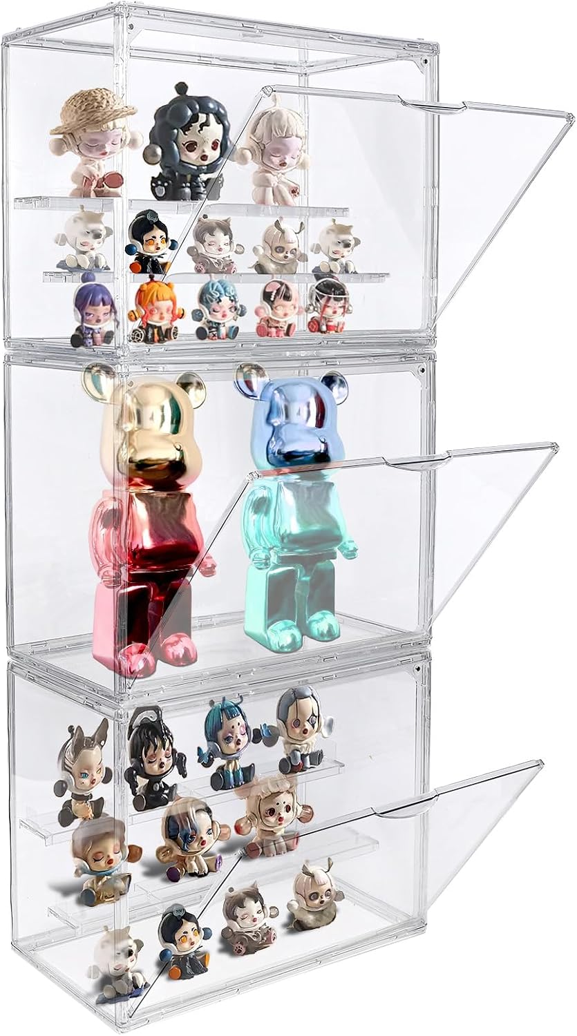 3 Packs Display Boxes for Figures Stackable Detachable Display Stand Dustproof Showcase Storage for Collectibles and