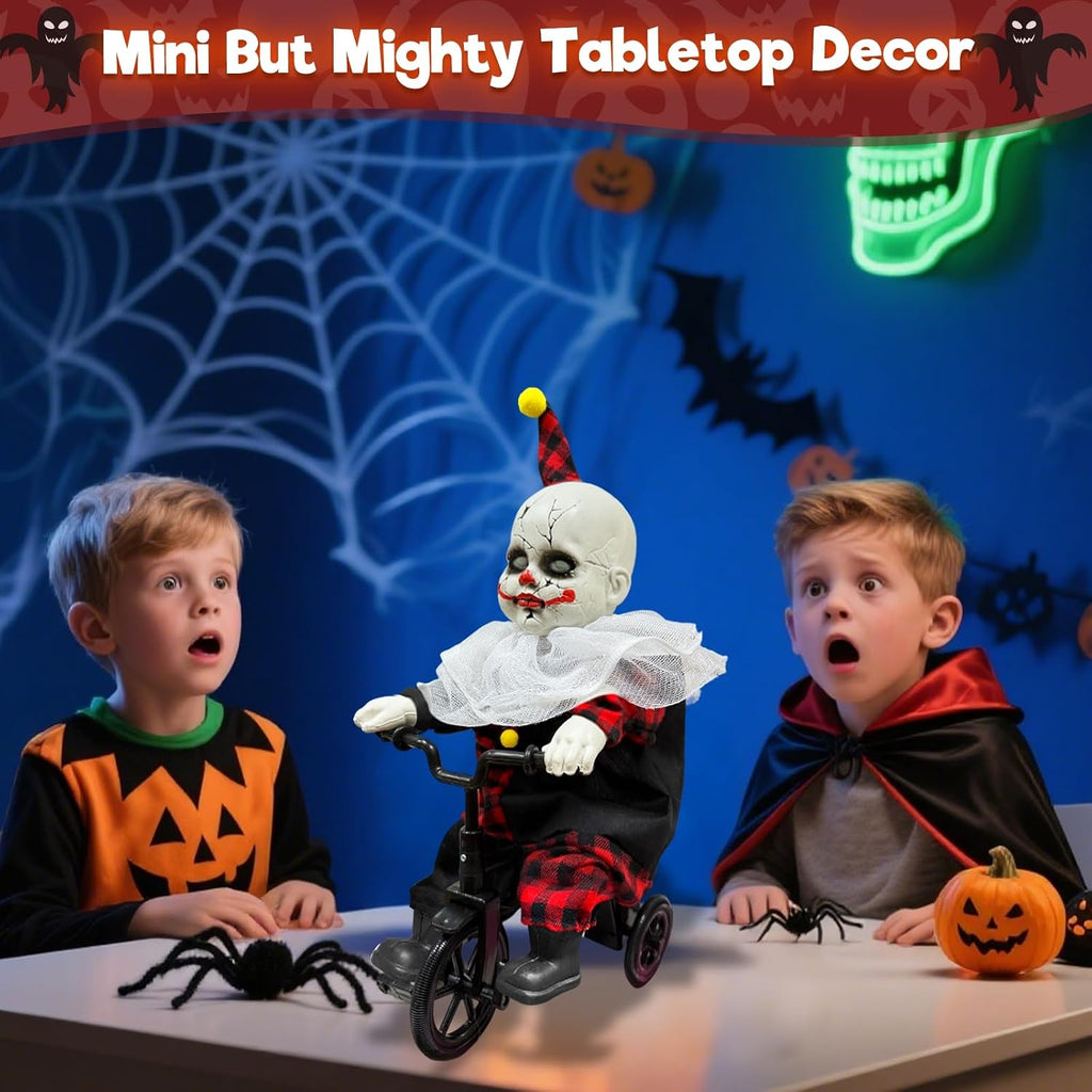 [Moving Back and Forth] Halloween Animatronic 15.5” Clown Ride on Bicycle, Sound Activated Spooky Talking Halloween