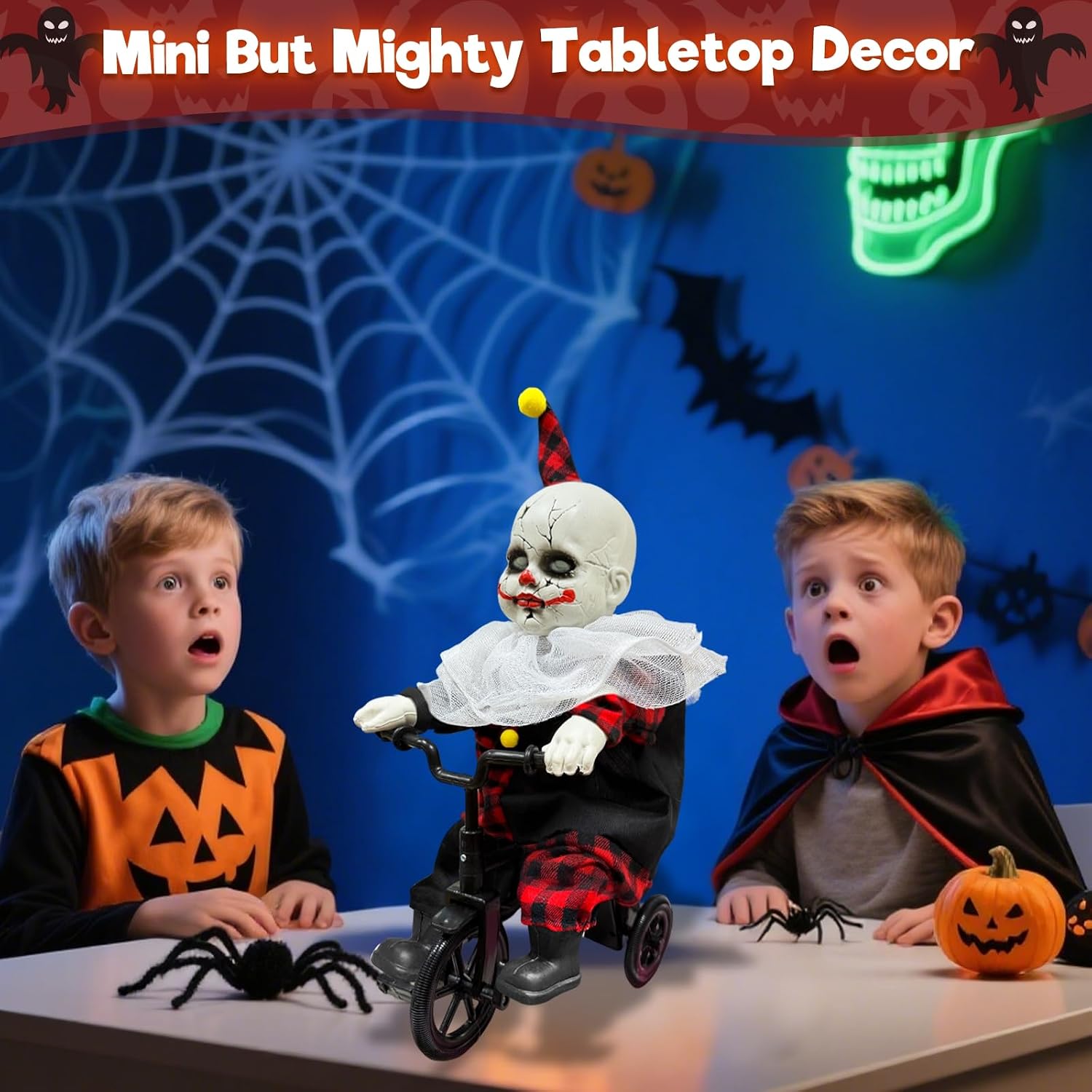 [Moving Back and Forth] Halloween Animatronic 15.5” Clown Ride on Bicycle, Sound Activated Spooky Talking Halloween