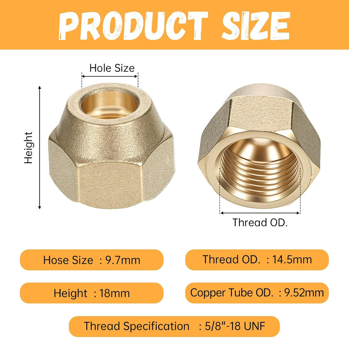 Brass 3/8 Flare Nut, 45° Flare Tube Fitting Leak Free Flarefitting for Air Conditioning Copper Pipe Extension Butt (3/8", 5 Pack)