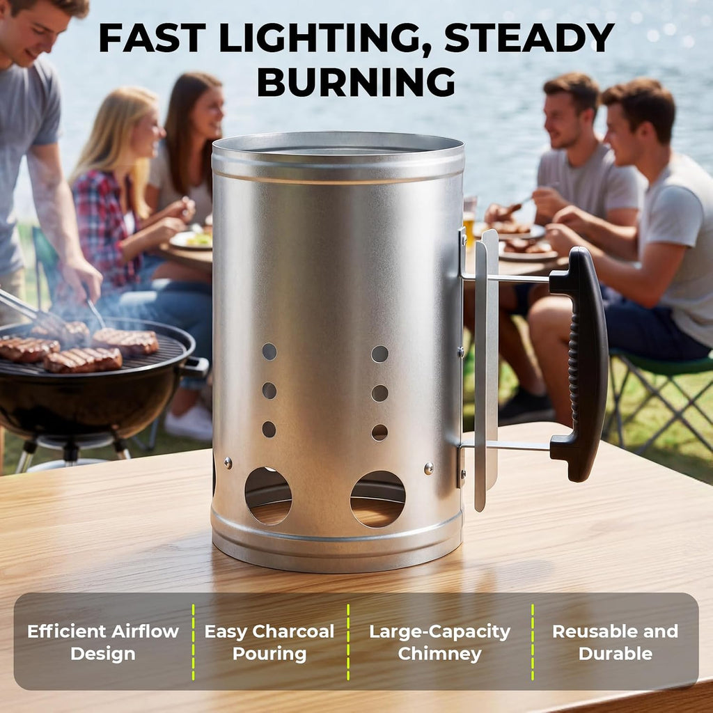 BBQ Charcoal Chimney Starter Set with Cubes, Air Blower and Mitts