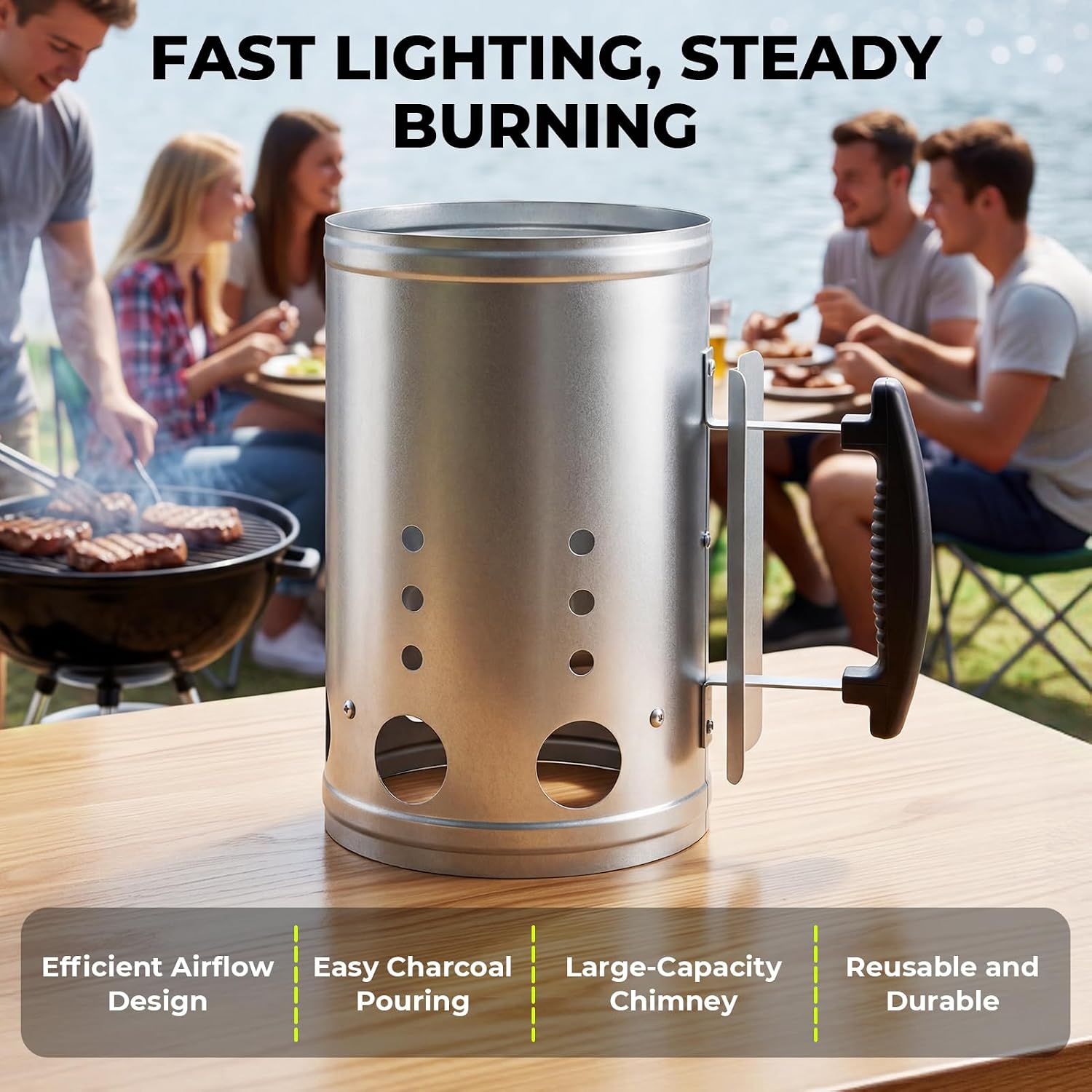 BBQ Charcoal Chimney Starter Set with Cubes, Air Blower and Mitts